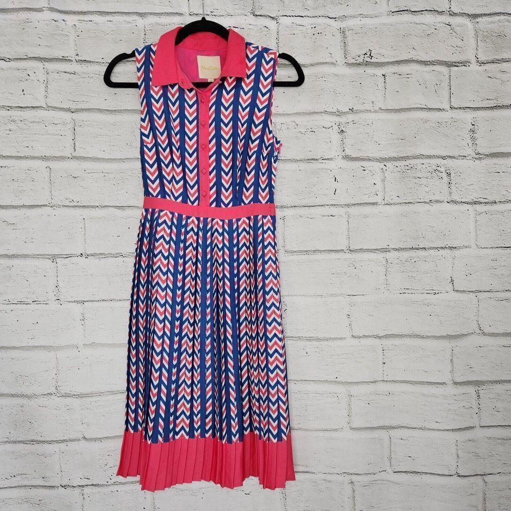 Modcloth Women's Just My Typist Pink Blue Print Sleeveless Collared Dress Sz XS